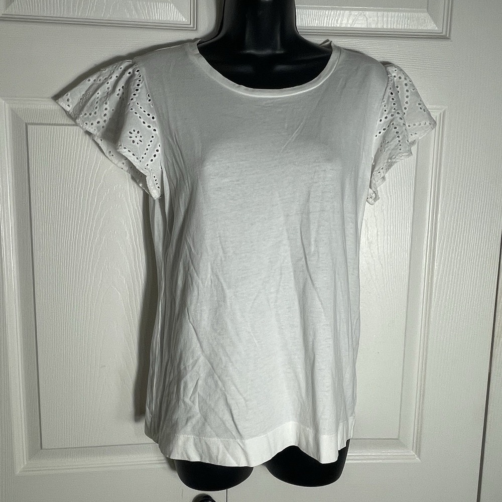 Ann Taylor Factory Shirt Women S White Eyelet Lace Flutter Sleeves 100% Cotton